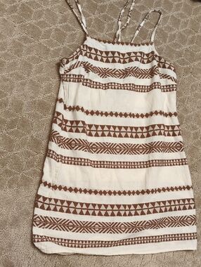 aerie Cream and Brown Striped Tribal Print Spaghetti Strap Dress